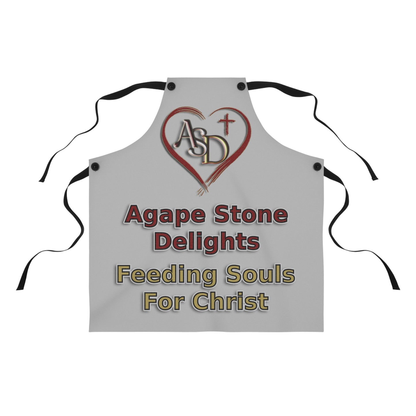 Gray apron with 'Agape Stone Delights' text and logo on a white background