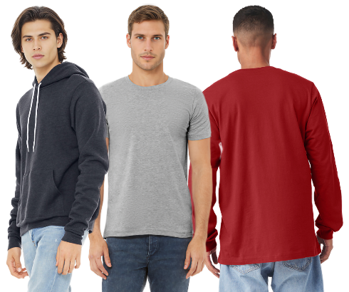 Three men wearing a black hoodie, gray t-shirt, and red long-sleeve shirt respectively on a white background.